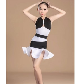 Girls kids white with black striped latin dance dresses modern juvenile salsa ballroom latin dance costumes leotard tops and ruffles skirts
